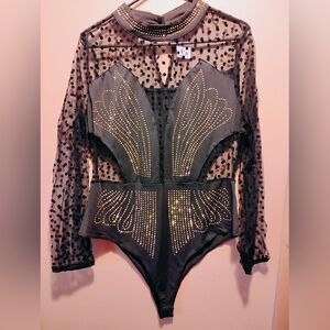 NEW! Beautiful Black Sheer Bodysuit with Gold Butterfly Design & Gold  Accents.